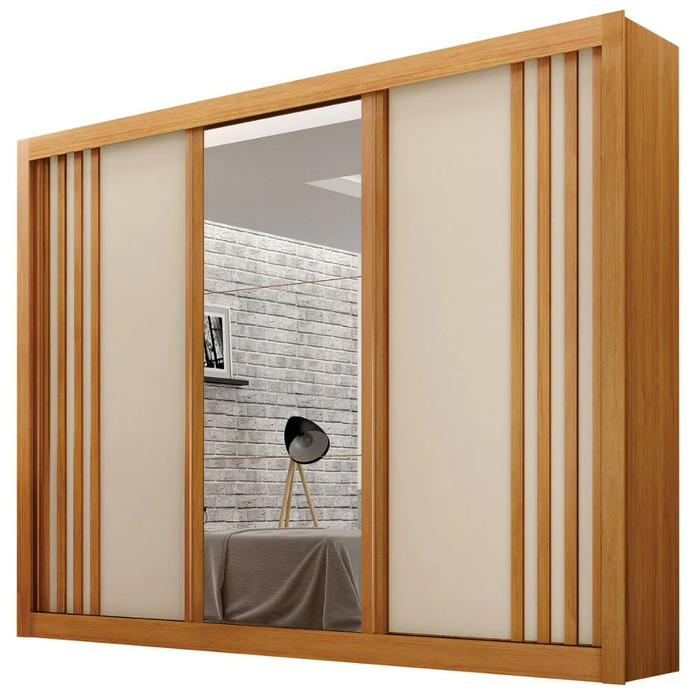 Guarda Roupa Milano Cinamomo Off White 3 Portas com Espelho 4 Gavetas Leifer Móveis