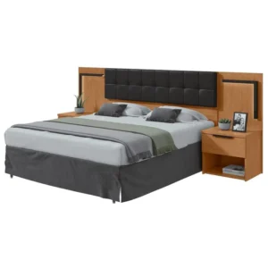 Cabeceira Casal 160cm 2 Mesas de Cabeceira com Led Calitan - Lp - Rei de Casa Amendoa Clean/preto Fo