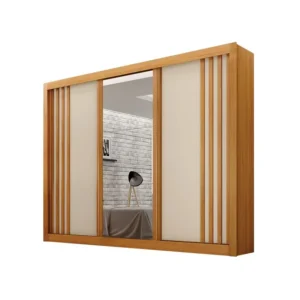 Guarda-roupa Casal 100% Mdf 3 Portas 4 Gavetas com Espelho Central Milano Leifer Móveis Cinamomo/off