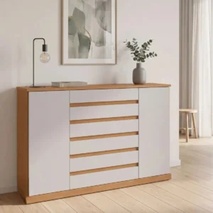 Cômoda 2 Portas 7 Gavetas com Chave e Prateleiras Vedra Bege Amêndoa Clean/Off White