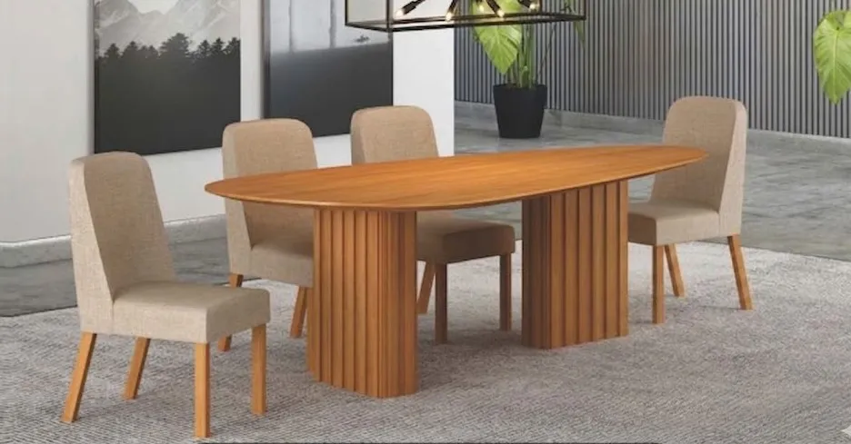 MESA ISIS 135CM ORGÂNICO CINAMOMO SEM VIDRO  COM 4 CADEIRA ISIS MADEIRA LH PALHA